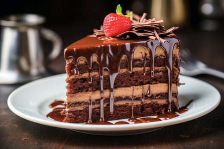 Slice of chocolate cake stuffed with brown cream and a strawberry on topの素材