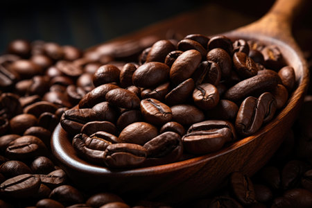 Coffee beans with wooden scoop on rustic table, close-upの素材