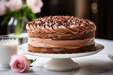 Chocolate layer cake filled with caramel mousse and topped with chocolate icingの素材