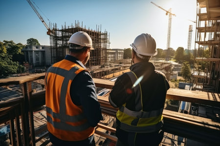 Construction workers discussing next steps on a construction siteの素材