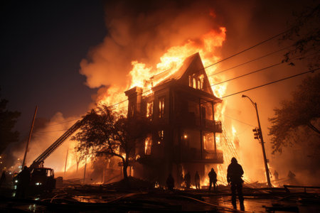Firefighters working together to control a house on fireの素材