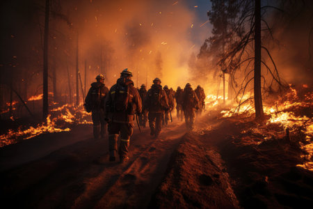 Firefighters working together to control a wildfire in a forestの素材