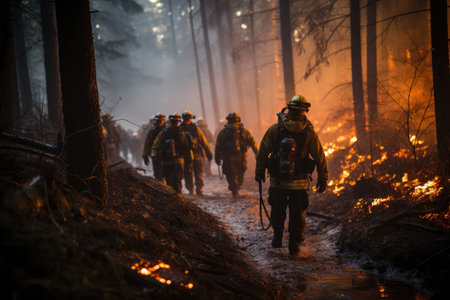 Firefighters working together to control a wildfire in a forestの素材