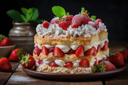 Delightful strawberry and cream sponge cake, close-upの素材