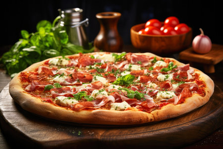 Delicious pizza on a round wooden tableの素材
