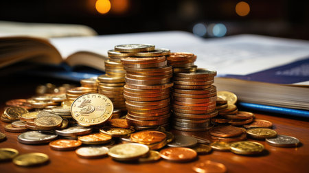Gold coins on a wooden background. The money is in a black bag. Treasure Hunt. A Purse with money. Wallet wit gold coins.の素材