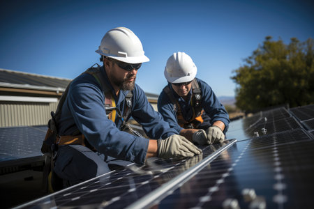 Engineers installing solar panels on a roofの素材