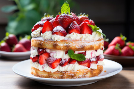 Sponge cake layered with cream and strawberries in a plateの素材