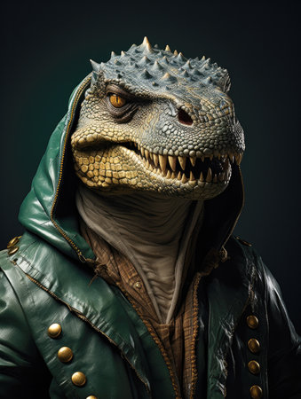 Behold the "Tyrannosaurus Man," a fascinating fusion of prehistoric might and modern-day relaxation. In this captivating artwork, a humanoid Tyrannosaurus rex clad in a cool green hoodie looks remarkably at ease, perfectly blending into the urban landscape.の素材