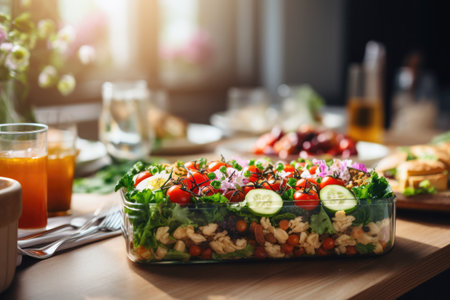 Colorful vegetable salad made with a variety of colorful vegetables, such as tomatoes, carrots, cucumbers, and peppersの素材