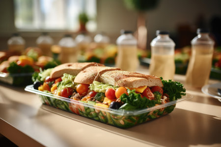 Colorful vegetable salad made with a variety of colorful vegetables, such as tomatoes, carrots, cucumbers, and peppersの素材