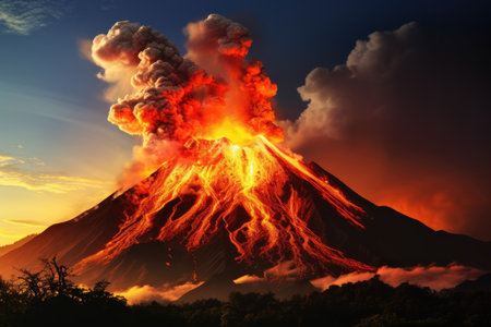Volcanic eruptions at active volcano, with molten lava flowing downの素材
