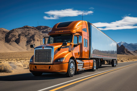 American road trip, featuring a powerful truck against the backdrop of a scenic highwayの素材