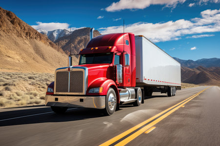 American truck cruising along a vast highwayの素材
