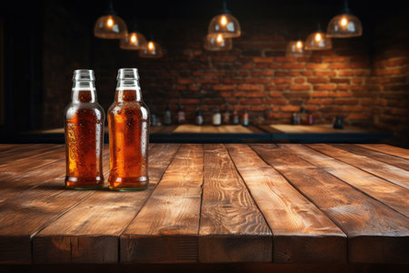 Two bottles of fresh bear on wooden bar tableの素材