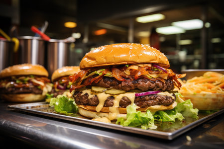 Juicy hamburger with melted cheese, fresh vegetablesの素材