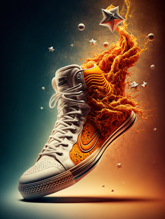 Sneakers in fire with stars and smoke. 3d illustrationの素材