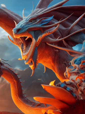 3D rendering of a fantasy dragon with orange skin and blue skyの素材