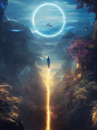 Conceptual image of a man standing on the edge of a cliff above a fantasy landscapeの素材