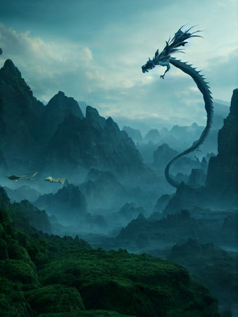Dragon in the mountains. Fantasy landscape. 3D rendering. Computer digital drawing.の素材