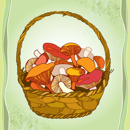 Wicker basket with mushrooms on the textured backgroundのイラスト素材