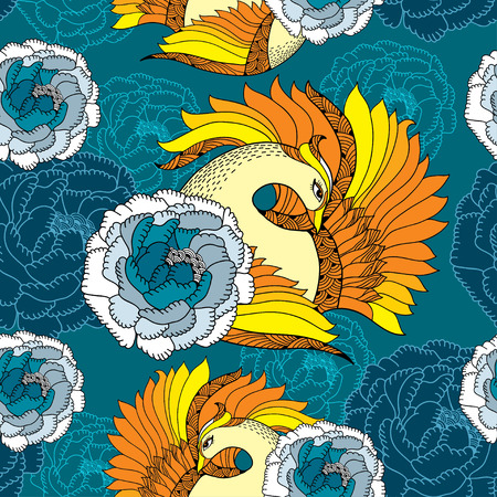 Seamless pattern with Mythological Firebird in orange and chrysanthemums.のイラスト素材