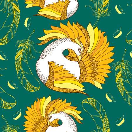 Seamless pattern with Mythological Firebird and feathers. The series of mythological creaturesのイラスト素材