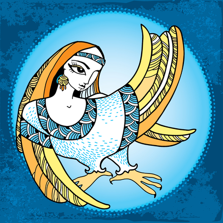 Mythological Bird with head of woman in the round frame. The series of mythological creaturesのイラスト素材