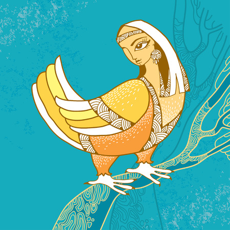 Mythological Bird with head of woman sitting on the branch. The series of mythological creaturesのイラスト素材
