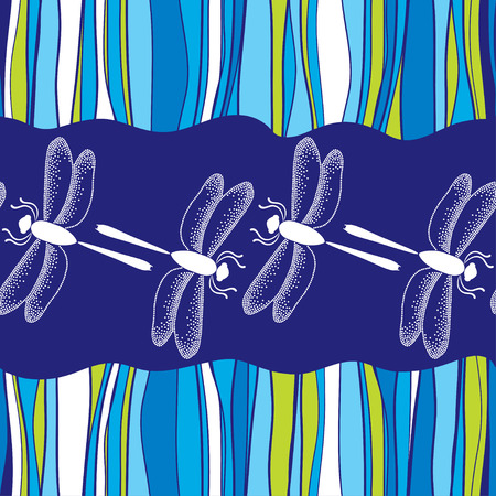 Seamless pattern with dotted dragonflies in white and stripesのイラスト素材