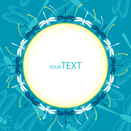 Invitation card with dragonflies and drops on a turquoise backgroundのイラスト素材