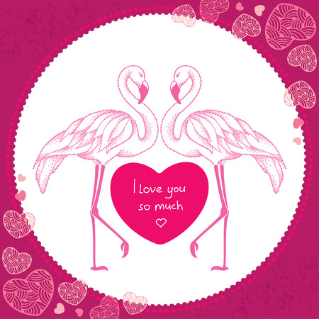 Two dotted pink flamingo with red heart in the round frameのイラスト素材
