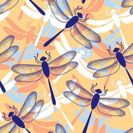 Seamless pattern with dotted dragonflies in blueのイラスト素材