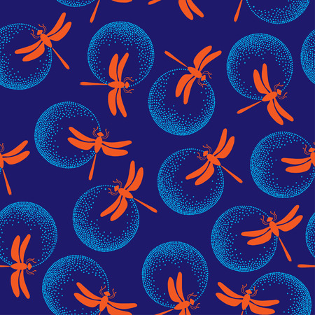 Seamless pattern with orange dragonflies and dotted roundのイラスト素材