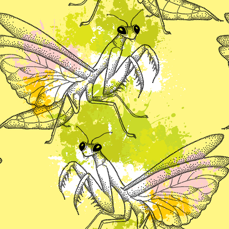 Seamless pattern with black dotted Mantis religiosa or Praying Mantis and blotsのイラスト素材