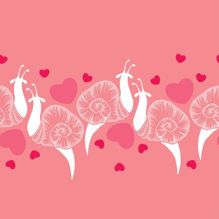 Seamless pattern with dotted white snails and pink and red heartsのイラスト素材