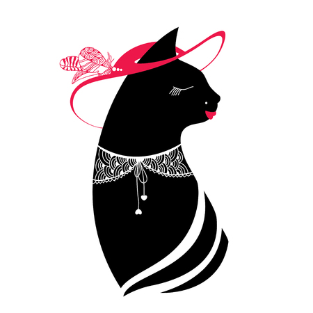 Silhouette of the cat with hat and lace collarのイラスト素材