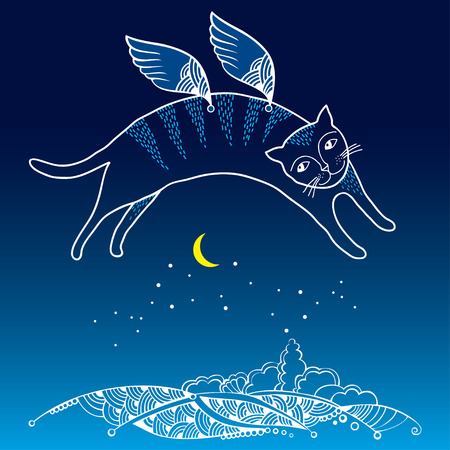 Funny cat in white with wings over land in night. Series of comic catsのイラスト素材