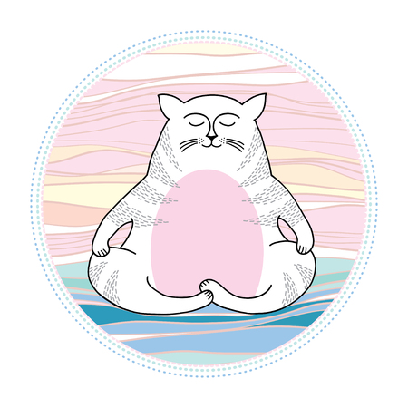 White Funny cat in meditation over land. Series of comic catsのイラスト素材