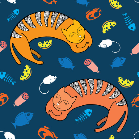 Seamless pattern with sleeping orange cat with fishes, mouses, sausage and cheeseのイラスト素材