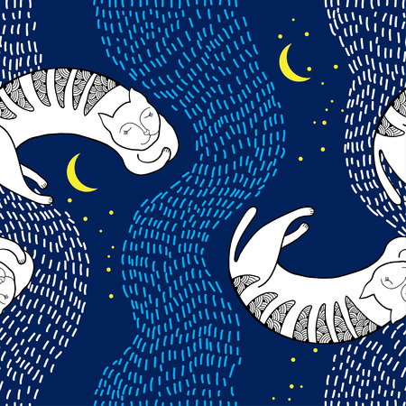 Seamless pattern with sleeping white cat on the blue backgroundのイラスト素材