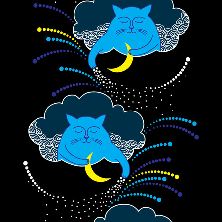 Seamless pattern with Funny cat and moon on the black backgroundのイラスト素材