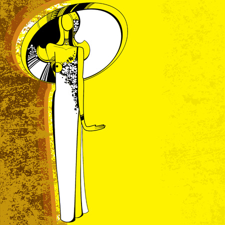 Elegant fashion lady in a large hat on the textured yellow backgroundのイラスト素材