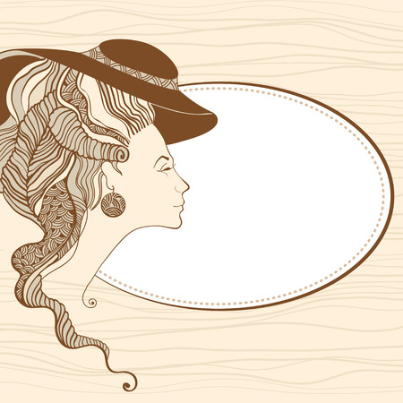 Beautiful young lady head silhouette in beige. Baroque styleのイラスト素材