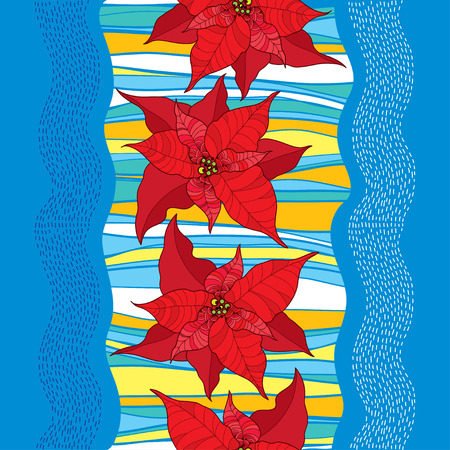 Seamless pattern with Poinsettia flower or Christmas Star in red and colorful stripes. Traditional Christmas symbol.のイラスト素材