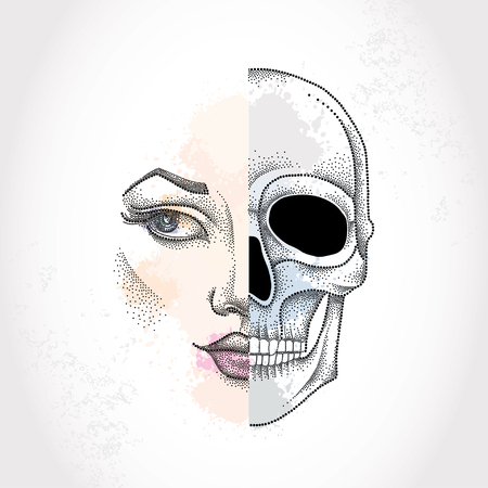 Dotted half beautiful woman face and skull on the pastel blots background. Concept of duality.のイラスト素材