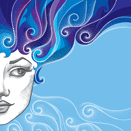 Dotted half beautiful woman face with abstract curly hair on the blue background. Concept of winter and female beauty in dotwork style.のイラスト素材
