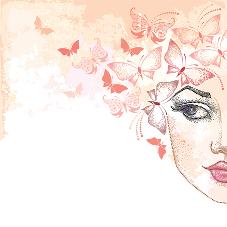 Dotted half beautiful woman face on the pastel blots background with butterflies in pink. Concept of spring and female beauty in dotwork style.のイラスト素材
