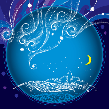 Winter night landscape with dotted snowflakes and curly lines in the round frame. Traditional winter and Christmas background.のイラスト素材