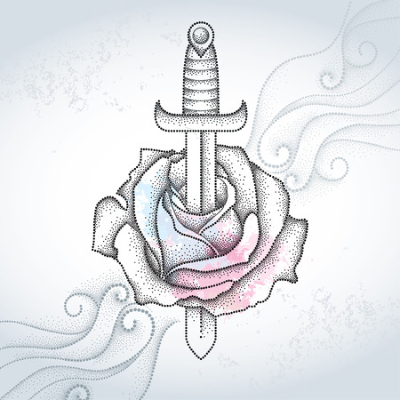 Dotted rose flower and dagger on the textured gray background with swirls. Symbolic tattoo with floral elements in dotwork style.のイラスト素材